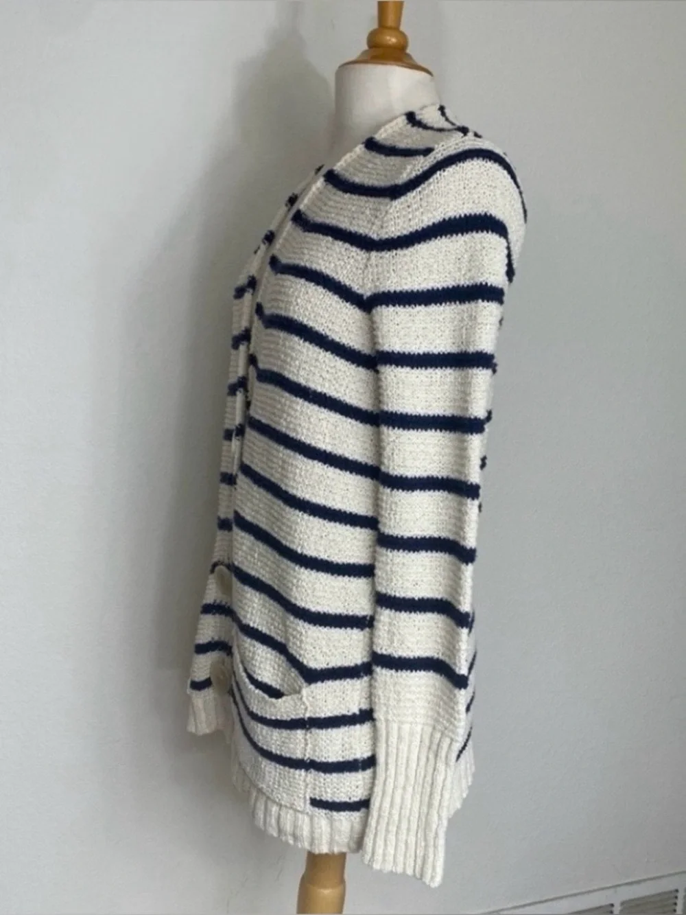Free People Womens Cream Navy Stripe Cotton Coastal Thick Knit Cardigan Size L